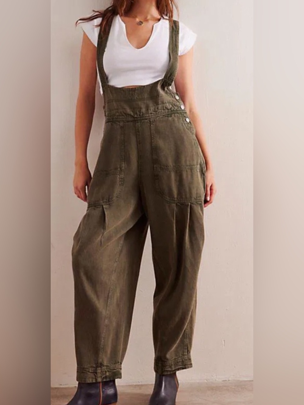 We The Free Olive Wide-Leg Utility Overalls